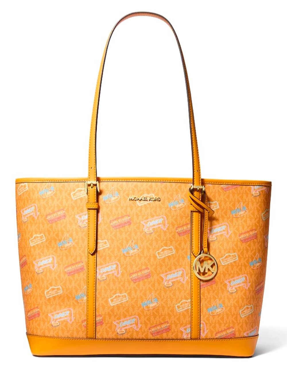 New Michael Kors Jet Set Travel Large Signature Logo Tote Pop Orange